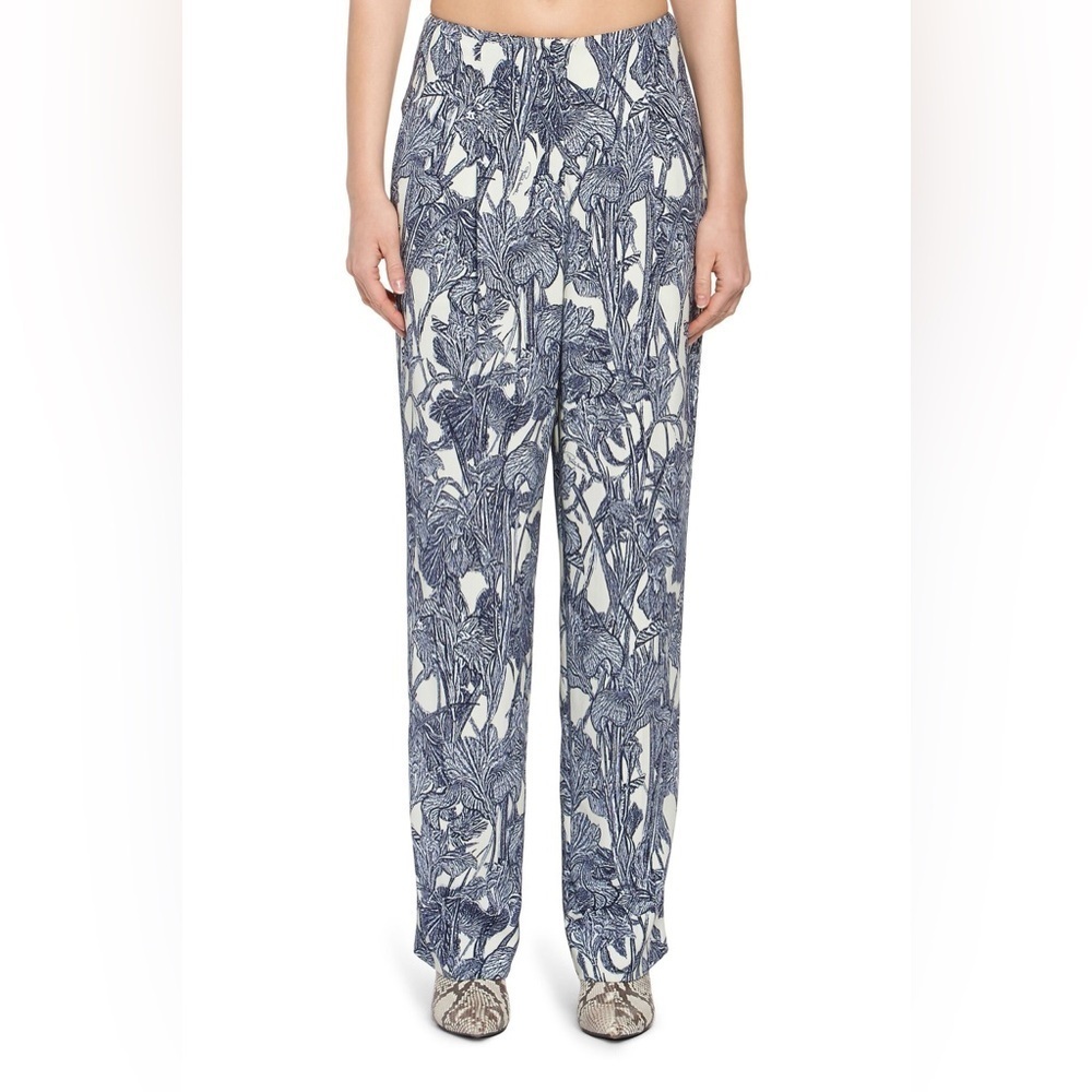 NWT Roberto Cavalli Iris Print Straight Leg Trousers Ivory Navy Pants 38 (US 2)